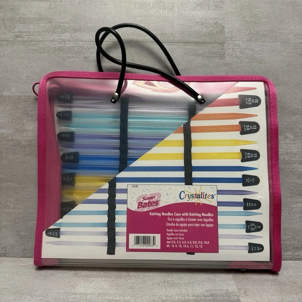 New Susan Bates Crystalites Knitting Needles Set Includes Case & 7 Needle Sizes